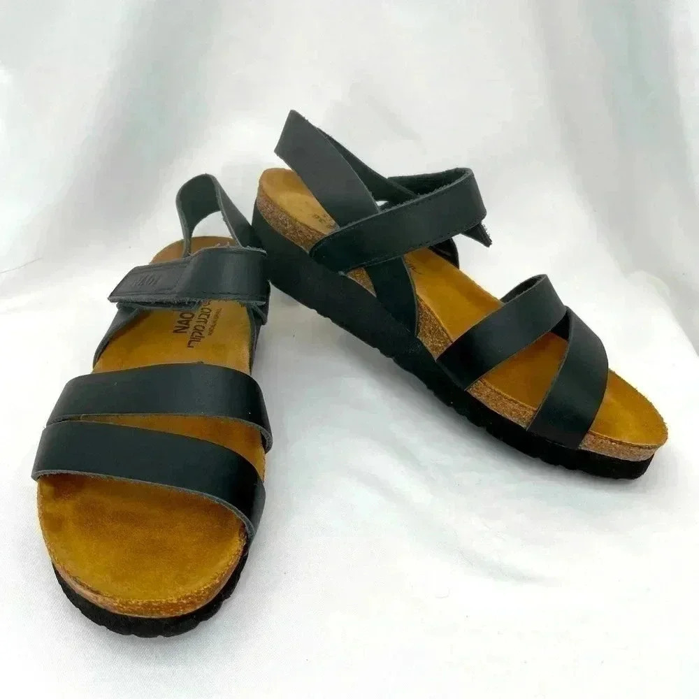 NAOT Women’s Kayla Sandal 36/6 Black Leather Hook Loop Closure Strappy